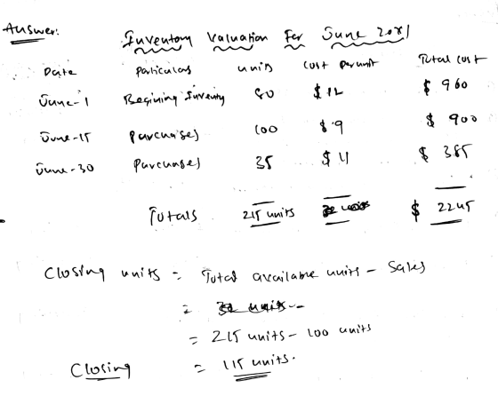 Auswer. Ptal cuit Inventory kaluation for Sune 2001 paliculas Begining furenity $IL Date cost perunt unin Juneri fo $. 960 $