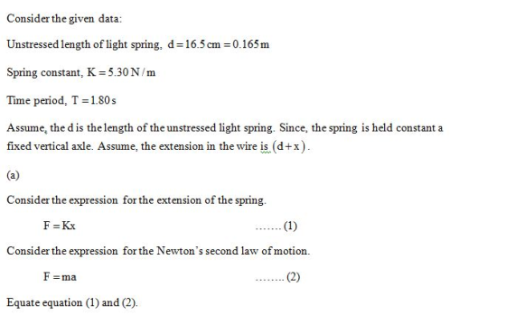 Consider the given data: Unstressed length of light spring, d=16.5 cm=0.165 m Spring constant, K= 5.30 N/m Time period, T = 1