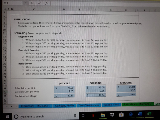 P29 INSTRUCTIONS: Select a price from the scenarios below and compute the contribution for each service based on your selecte