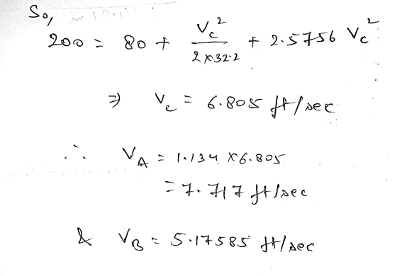 So, winou 2 200= va 80 t + 2.5756 Vc 2x322 V = 6.805 ft/sec ,, vo A 11134X6.805 = 7.77 ft/sec & VB :5-17585 t/sec