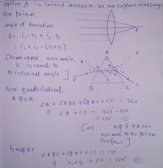 optim A is correct answer. We can explain in this way. For priam, angle of dariation 8= i, -r, +18 = li ti,- (hitre) [from AO