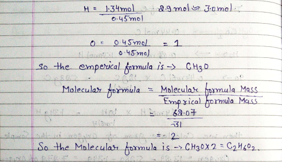 H = 1.34 mol g 0.45 mol 2 g mola 3.0 molit Lo= 0.45mol = 1 Allan 0.45 mo) so the emperical formula is - CH₂O ?? У А др.) Mole