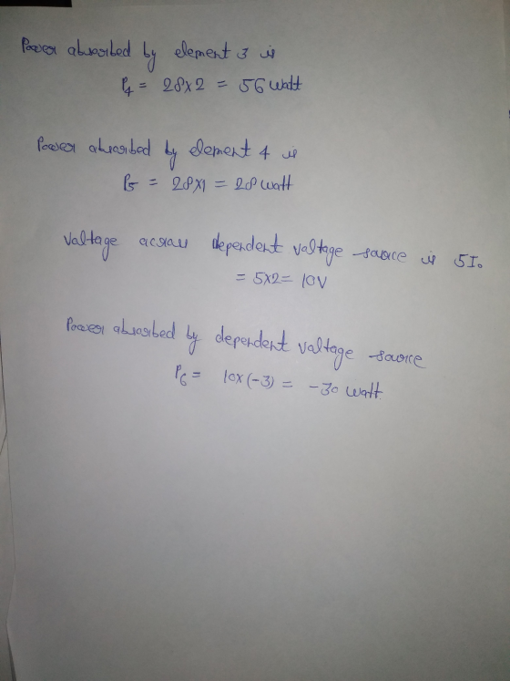 Power absorbed by element 3 is Pq = 28x2 = 56 Walt Power absorbed by element 4 is r = 28x1 = 28 watt Valtage achou dependent
