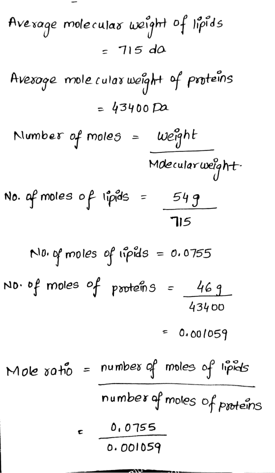 Average molecular weight of lipids - 715 da Avesoge molecular weight of proteins = 43400 Da Number of moles = weight soge ula