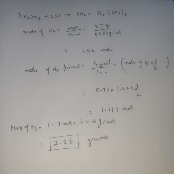 13 H₂ Soy tore → 3H₂ + fe, (304) 1.02 mol moles of the formal = 1, yiel. (moles of rexz loo 0.73 x 1.02x 2 = 1.111 mol Mary o