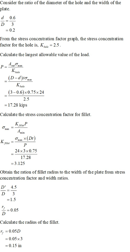 Consider the ratio of the diameter of the hole and the width of the plate. d 0.6 D 3 = 0.2 From the stress concentration fact