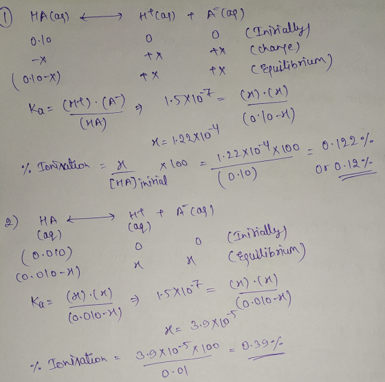 HA (as) t 0.lo Hecas) & A (ap) 0 (Initially) & (charge) XX equilibrium) 1.5x107 _ (1)-(2) ( 010-x) Ka= (t) . (A) (HA) (olo- x