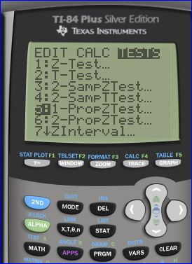 TI-84 Plus Silver Edition TEXAS INSTRUMENTS EDIT_CALC TESTS 4-Test.... 2: T-Test. 3:2-SampZTest... 42-SampITest 981-PropZTest