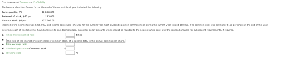 Five Measures of Solvency or Profitability The balance sheet for Garcon Inc. at the end of the current fiscal year indicated