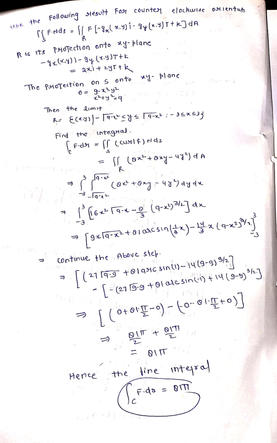 Finds Following yesult Fost counter elockwise orientut. N F (-4xl x. y) 1 - 9 y 14.4) +kJdA R Ris its PHOTection onto y-pla