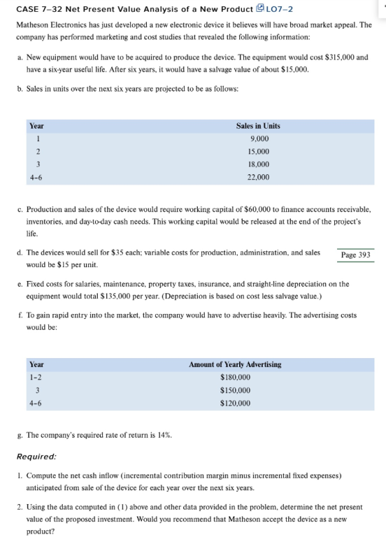 CASE 7-32 Net Present Value Analysis of a New Product L07-2 Matheson Electronics has just developed a new electronic device i