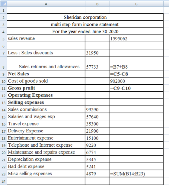 B Sheridan corporation multi step form income statement For the year ended June 30 2020 1595062 5 sales revenue 6 7 Less : Sa
