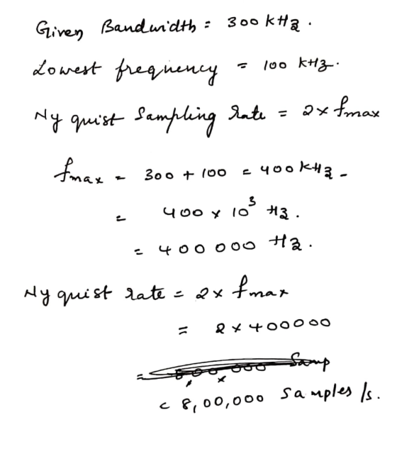 Giren Bandwidth : 300 ktą. Lowest frequency - 100 kHz. Ny quist sampling rate = ax {max nax - 300 + 100 = 400 KHz - 400 x 10%