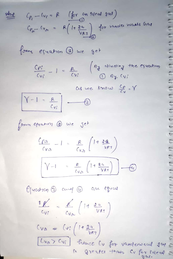 Ave Co.-Cup = R Crop Cuor = (for an alread geel) R(1+2a 1 for vander Waals Gas forme equation ③ we get co - l = 2 (Ry eliveri