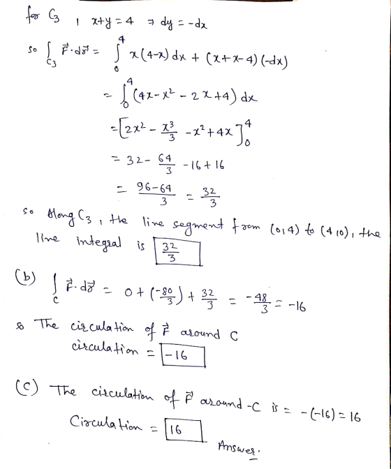 for C₃ 1 x+y = 4 * dy =-dx 4 so s Fodos «(4-x) dx + (x+x-4) (-dx) - $(42-x2 - 2x +4) dx -x2+4 4 =[2x² -16 +16 = 32-64 3 - 96-