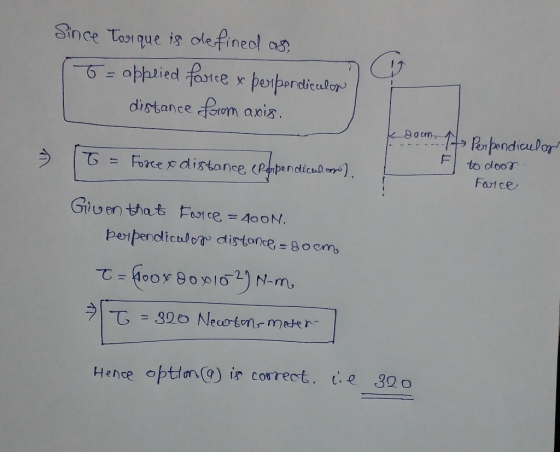 Snce Tonque is olefineol as 6-appried fotce x perperdicalor distance forom axis 8om Ppendiculor to dloor Farce =Foce pdigtanc