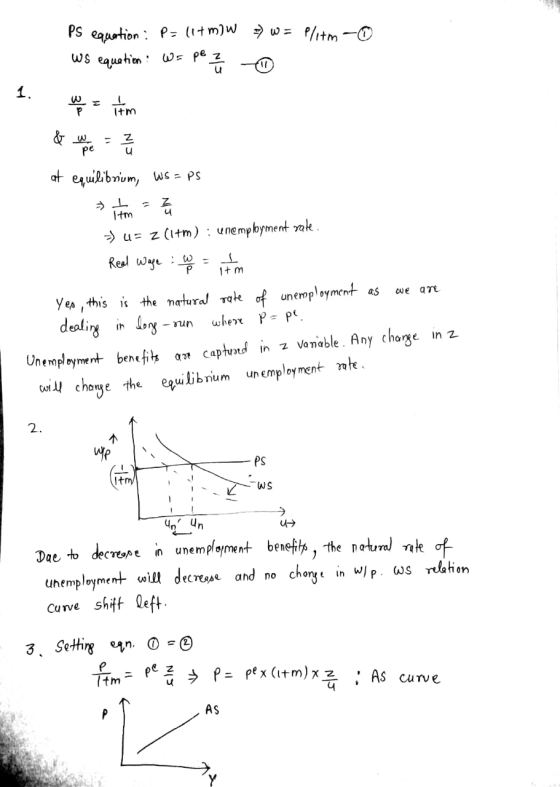 PS equation : P-li+mw => w = Pletm-0 Ws equation: W= pe 7 / ① w = Im & we are = 2 of equilibrium, Ws = PS » u= 2 (1+m) : une