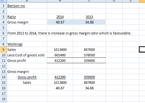 1 Benson Inc 3 Ratio 2014 2013 4 Gross margin 40.67 34.88 5 6 From 2013 to 2014, there is increase in gross margin ratio whic
