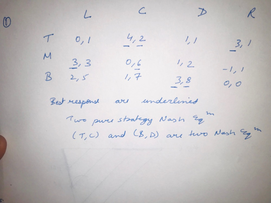 то, І t Em 3,3 2,5 0,6 1,7 Best response are underlines Two sure strategy Nash qe (T,C) and (B,D) are two Nash egen