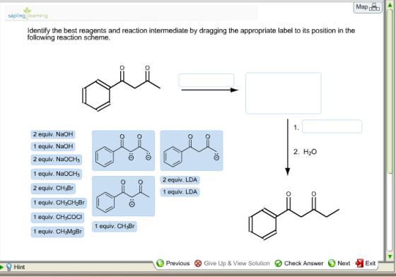Map sapling learning ldentiy the best reagents and reaction intermediate by dragging the appropriate label to its position in the following reaction scheme 2 equiv. NaOH 1 equiv. NaOH 2 equiv. NaOCH3 1 equiv. NaOCH3 2 equiv. CH3Br 1 equiv. CH3CH2Br 1 equiv. CH3COCI 1 equiv. CH3MgBr 2. H2O 2 equiv. LDA 1 equiv. LDA 1 equiv. CH3Br Previous ⓧ Give Up & View Solution O Check Answer Next Exit Hint