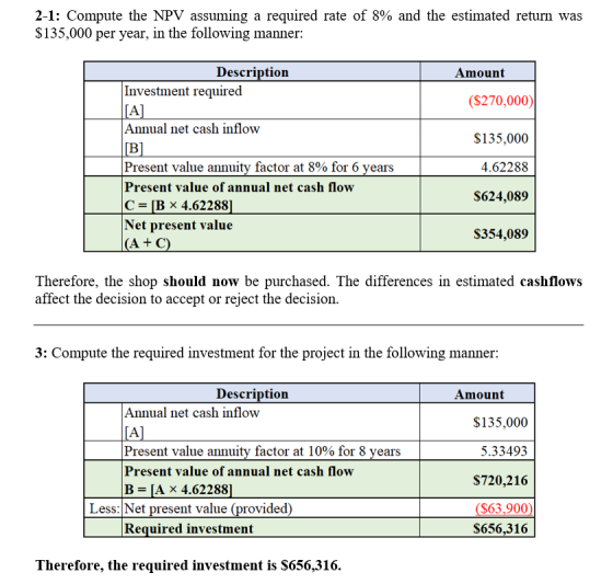 2-1: Compute the NPV assuming a required rate of 8% and the estimated return was $135,000 per year, in the following manner: