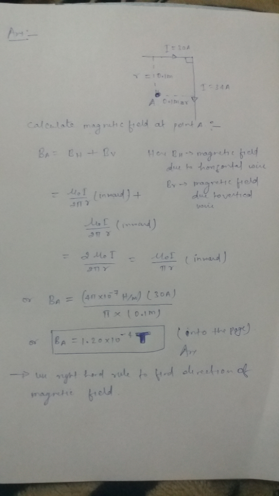A :10.m I-34A A 0-1m Caloulate mag ruhe eld at potnt A Her Bumagrehebeld du thomgonta wie dul toventical LoE (iand) (inwad 1