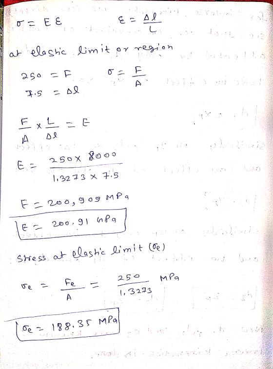 o= E E Ez al L at elastic limit limit or region 250 4 ala w 1.5 Sol ExL=6 A De 3) E- 250x dooo 1.3273 X 75 E=200, gog MPa Er
