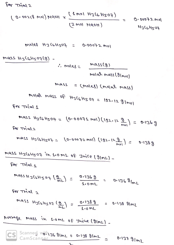 for Trial 2 (0.00218 mol) Mach X (1 mol H3(6H507) (3 mol MaoH) = 0.00072 mol H3C6H5o7 moles H316H507 = 0.00072 mol mass H3C6H