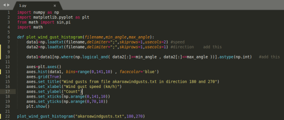 1.py import numpy as np import matplotlib.pyplot as plt from math import sin,pi import math 4 def plot_wind gust_histogram(fi