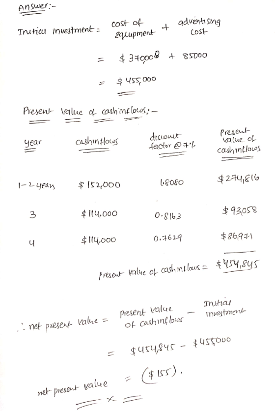 Answer:- cost of ииртеnt advent sng Tnutiau investment = COSt 3c00 t 8S000 $455,000 Present Value cashintlocos - Preseut alue