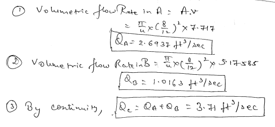 Volumetric flow Rate in A. Av Tax Cax7.747 QA- - 2.6937 ft²/sec Volumetric flow Rate in Bh X ( 1 ) ² x 5 17585 QB a 1.0163 H3