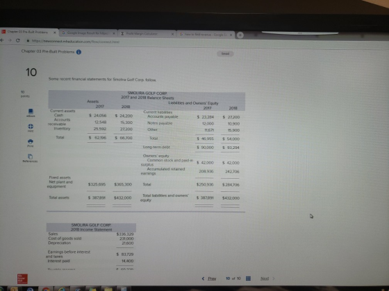 Chapter 03 Pre-Built Problems x1GGoogle Image Result forhrtpe x XG how to find sevenue- Google С https://newconnectm Chapter 03 Pre-Built Problems 10 Some recent financial statements for Smolira Golf Corp. follow 10 SMOLIRA GOLF CORP 2017 and 2018 Balance Sheets Assets Liabilities and Owners Equity 2017 2018 Current assets Current liabilities Cash s 24056 24.200 12.548 15.300Notes payabie 25,592 27200Other Accounts payable Notes payable 23.284 s 27.200 10,900 11,671 15.900 12,000 ventory Tota $ 62196 66,700Total s 46,955 54000 Long term debt $ 90,000 93,294 Owners equity Common stock and paid-n s 42000 42000 208,936 earnings Fixed assets Net plant and $325.695 $365,300 Total $250,936 $284706 s 387891 $432,000 Total liabilities and owners s 387891 $432,000 equity Total assets SMOLIRA GOLF CORP 2018 Income Statement Sales Cost of goods sold Depreciation $336,329 231,000 21,600 Earnings before interest s 83,729 14.400 and taxes Interest paid K Prey 10 of 10 Next >