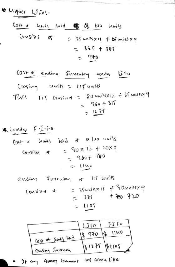 under i form Cost u houds sold e of 100 units Consists of = 35 unitsy u + 65 units & its xq - 385 + 585 970 cost s endina Inv