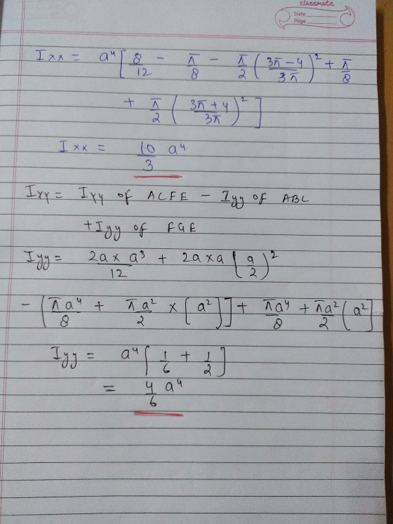 classmate Date Page Ixx = 2. а | л 8 л 2 3 - 4 3л. + л 12 1 л 2 3 4 ч эт I xx = (6 ач 3 Ixx = Ixy of ALFE 14) of Pъс tlgy of