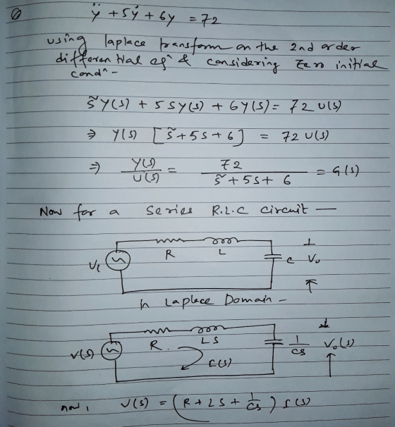ÿ + sý+by = 72 using laplace transform on the 2nd order differential ef & considering tero initial Cand - šY (31 +5 sy(3) + 6
