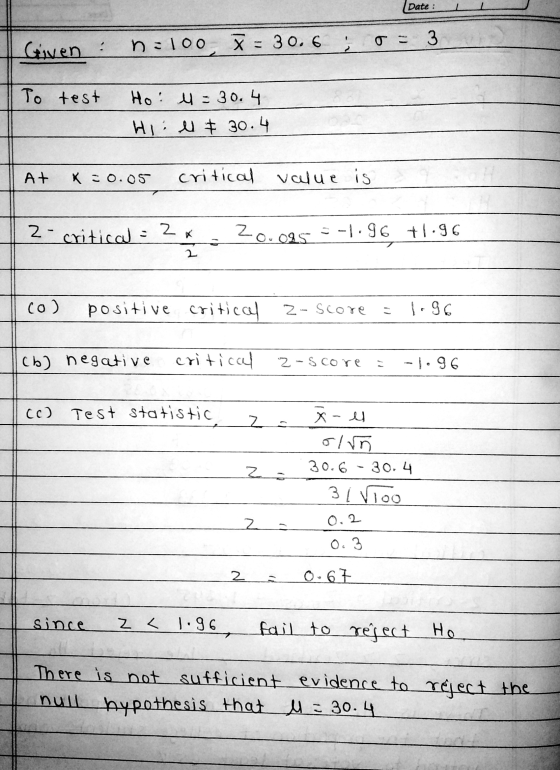 Date: Given : na100 = 30.6 ; = 3 To test Ho! U = 30.4 Hii U + 30.4 At X = 0.05 critical value is 2- critical 2 20.015:-1.96 +