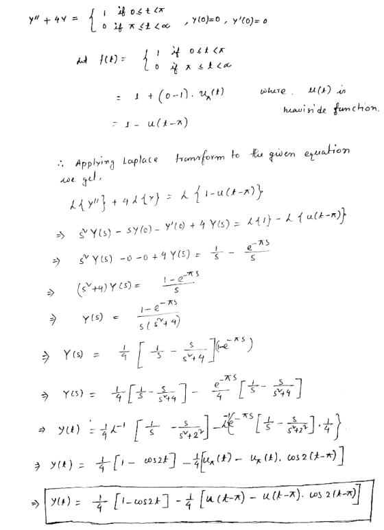 y + 4y = if oct cx o if a sto , Y10)=0 , Y(0)= 0 det f(t) = { I it ostaa o if a stca where . = 1 + (0-1). 2/4) u(t) is heav