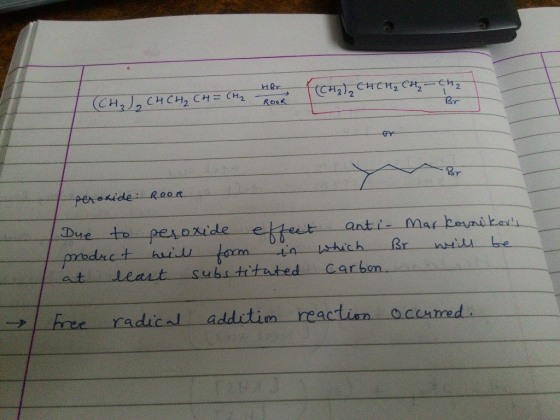 Her (CH₂J CHCH₂CH=CH2 (CH3), CHCH₂ CH₂ - CH₂ Br Br peroxide: ROOR Due to peroxide effect anti- Markoyrikors product will for