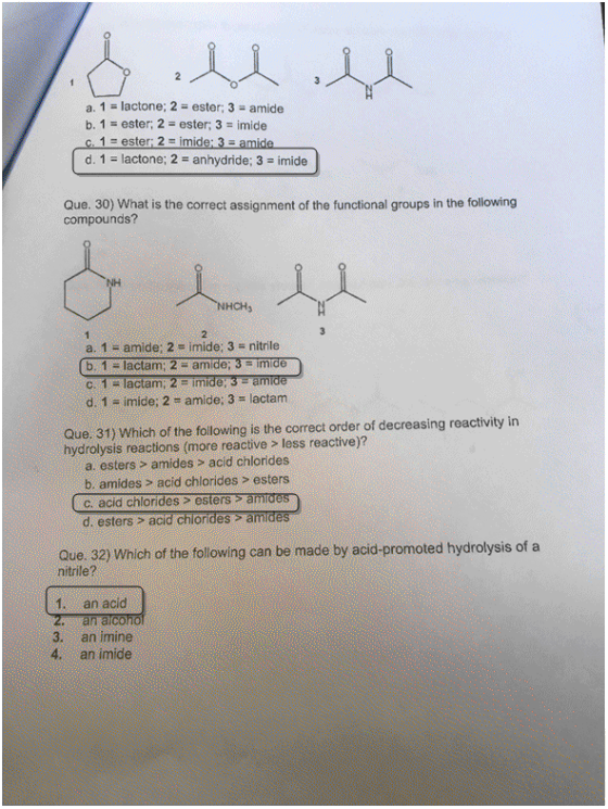 Gibe .ll a. 1 = lactone; 2 = ester; 3 = amide b. 1 = ester; 2 = ester; 3 = imide c. 1 = ester: 2 = imide: 3 = amide d. 1 = la