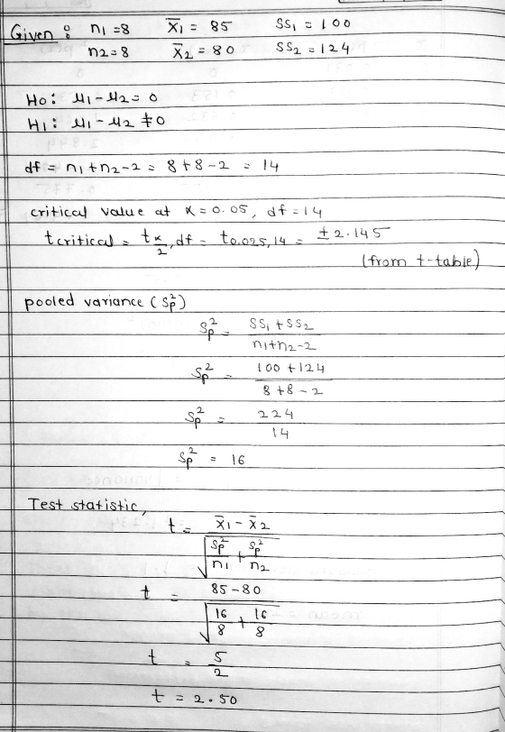 ni -8 XI - Given : 85 SS 100 n2-8 X2 = 80 SS2 = 124 Ho: Mi-42=0 Hi: li-42 € 0 df = nitn2-2 = 8 + 8-2 14 critical value at x =