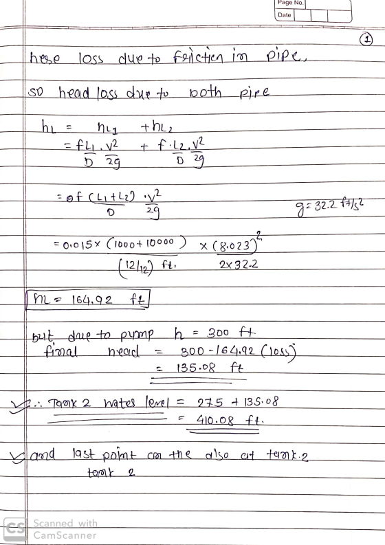 Page No. Date 1) hese loss due to feliction in pipe, So head loss due to both pire hu ht1 =fLL 2 the2 + f. 22. v2 D 29 o 29 =