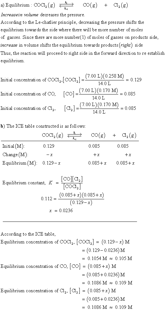 a) Equilibrium COCi, (g) C0(g) Cl2 (g) Increasein volume decreases the pressure. According to the Le-chatlier principle, decr