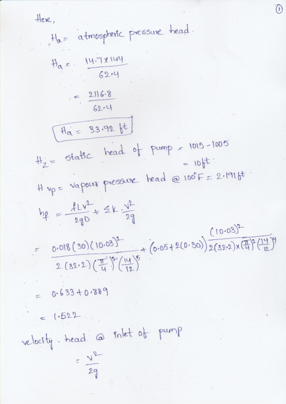 0 head. static head of pump. Here, Ha = atmospheric pressure Hat 14.7 X144 .62.4 2116. 62.4 (Ha Ha = 33.92 ft 33-92 ft) 1015