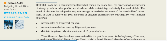 Problem 9-43 Budgeting; Financial Objec- tives; Ethics (LO 9-1, 9-5, 9-6, 9-7) 2. Increase in sales: 11.5% Healthful Foods In