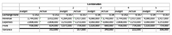 Combinaton 4 Actual Budget Budget Actual Budget Actual Actual Actual Budget Budget 0.312 0.34 0.312 0.357 Exchange Rate 0.312
