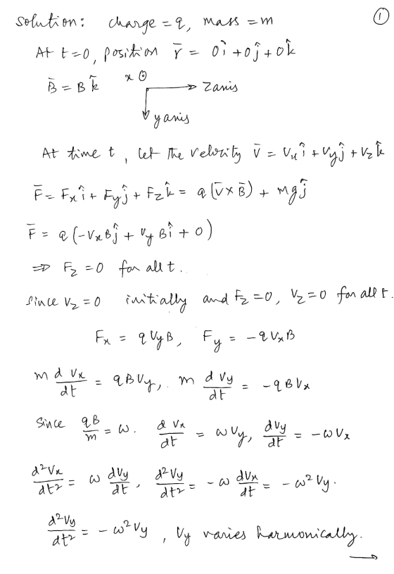 charge =q, mass=m solution: At t=0, position ř= 0;topt ok B = B x Zanis yanis At time t, let the relocity v = valt lyjt vale
