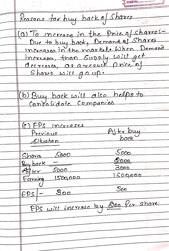 Reasons for buy back of shares (a) To increase in the pace of shares:- Due to buy back, Demand of Shares Increases in the mar