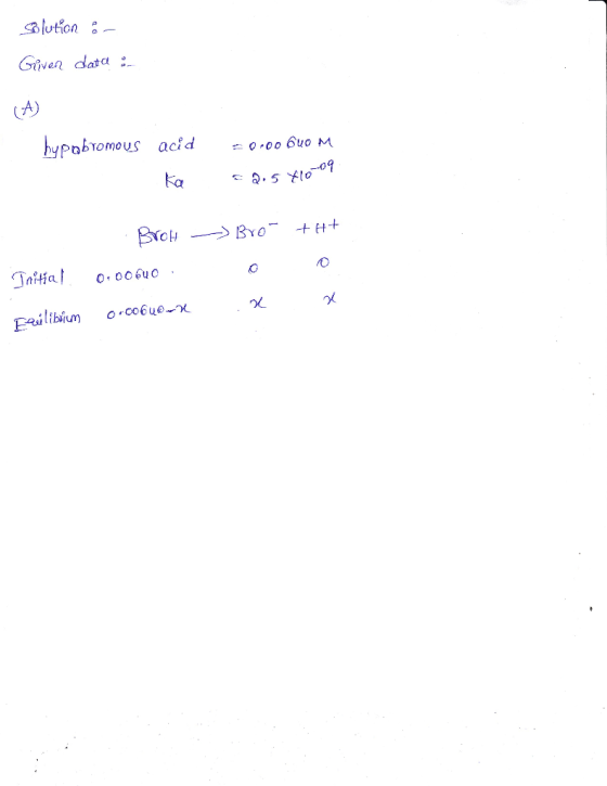 Blution Given or data .. 1 hypobromous acid Ka 20.00 6uo M a 2.5 410-09 Brow -> Bro +H+ Initial 0.006uo . x x Fruilibrium 0-c