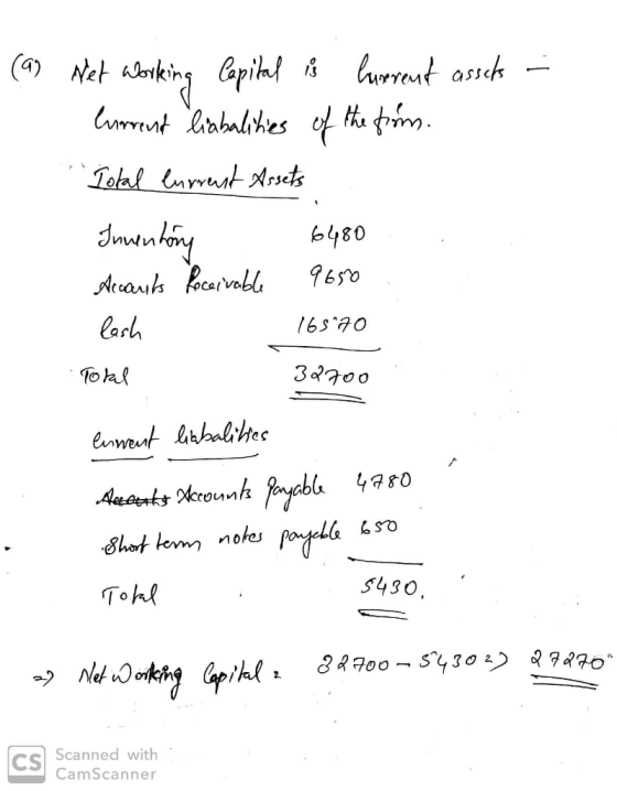 (a) Net Working Capital is lurrent assets - Current liabalities of the from. Total lurrent Assets Inventory 6480 Accants Rece