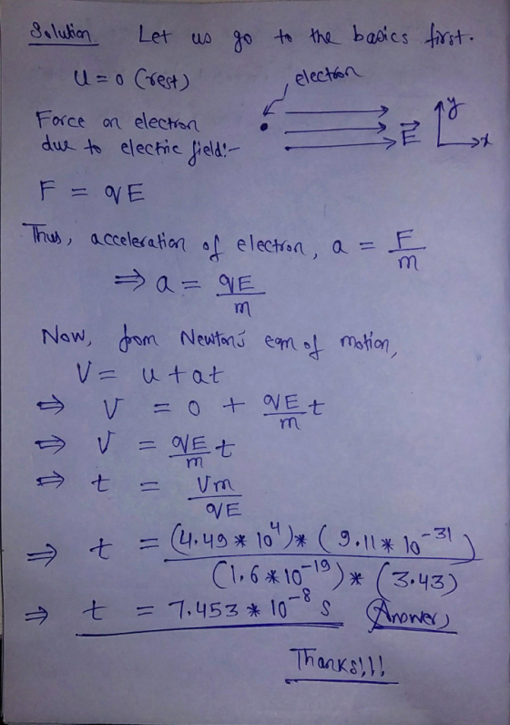 | 8、Iulian Let, uo go -h elects Foce on electon · du人to electic field.-- ) Tus) accele/ation of election, a = Now, dem Neutonó enn motion rm う亡ーゾm OVE (A.us * 10-Je (3-11* 10-31 ) C1.6米16 )) * (3,y3) -19 Thanks